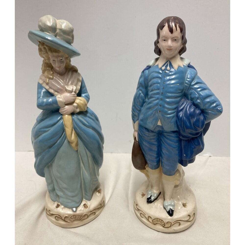 Vintage 11" Resin Victorian Man & Woman Blue Figurines - Great Condition